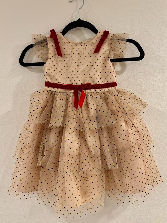 Blueberi Boulevard Other - Blueberi Boulevard Beige Tulle Party Dress with Red Ribbon Accents